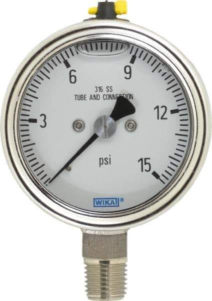Wika - 2-1/2" Dial, 1/4 Thread, 15 Scale Range, Pressure Gauge - Lower Connection Mount, Accurate to 2-1-2% of Scale - Industrial Tool & Supply