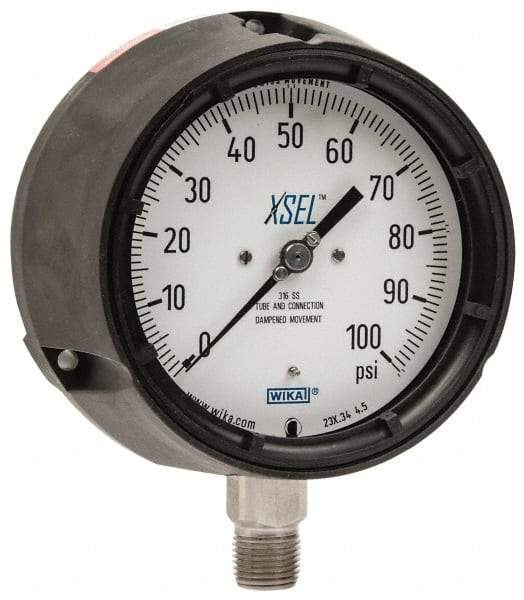 Wika - 4-1/2" Dial, 1/2 Thread, 0-100 Scale Range, Pressure Gauge - Lower Connection Mount, Accurate to 0.5% of Scale - Industrial Tool & Supply