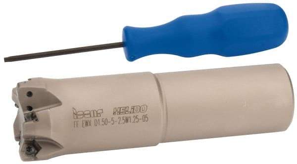 Iscar - 1-1/2" Cut Diam, 0.04" Max Depth, 1-1/4" Shank Diam, Weldon Shank Indexable High-Feed End Mill - Screw Holding Method, H600 WXCU 05 Insert, FF EWX-05 Toolholder, Through Coolant - Industrial Tool & Supply