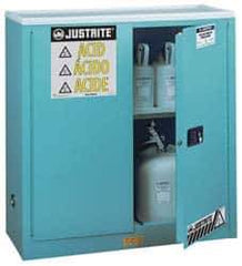Justrite - 2 Door, 1 Shelf, Blue Steel Standard Safety Cabinet for Corrosive Chemicals - 44" High x 43" Wide x 18" Deep, Manual Closing Door, 3 Point Key Lock, 30 Gal Capacity - Industrial Tool & Supply