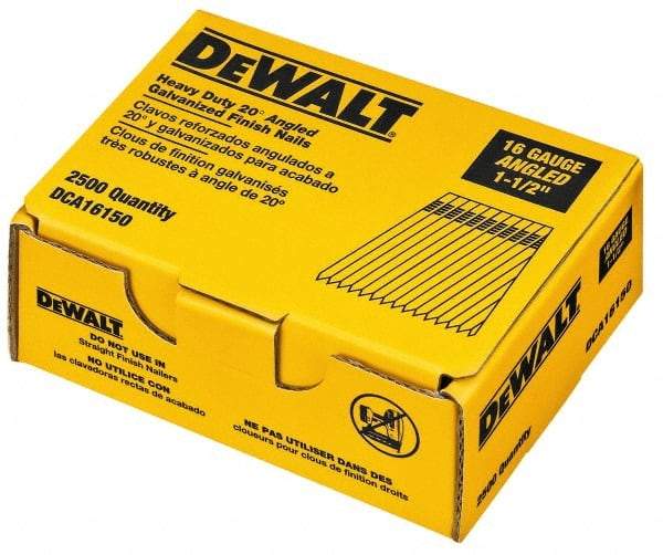 DeWALT - 16 Gauge 1-1/2" Long Finishing Nails for Power Nailers - Grade 2 Steel, Galvanized Finish, Angled Stick Collation - Industrial Tool & Supply