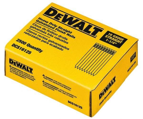 DeWALT - 16 Gauge 1-1/4" Long Finishing Nails for Power Nailers - Grade 2 Steel, Galvanized Finish, Straight Stick Collation - Industrial Tool & Supply