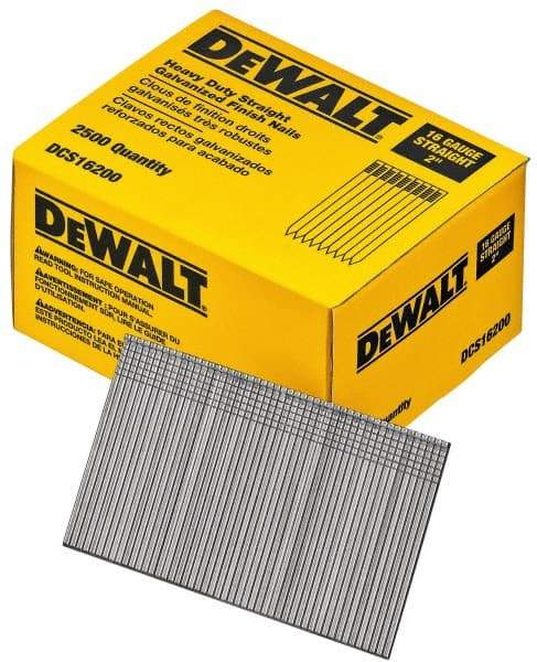 DeWALT - 16 Gauge 2" Long Finishing Nails for Power Nailers - Grade 2 Steel, Galvanized Finish, Straight Stick Collation - Industrial Tool & Supply