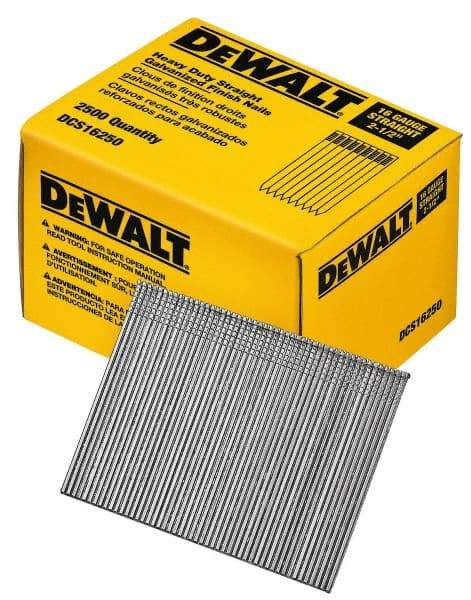 DeWALT - 16 Gauge 2-1/2" Long Finishing Nails for Power Nailers - Grade 2 Steel, Galvanized Finish, Straight Stick Collation - Industrial Tool & Supply