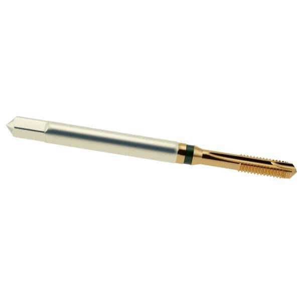 Guhring - M4x0.70 Metric Coarse, 3 Flute, TiN Finish, Cobalt Spiral Point Tap - Plug Chamfer, Right Hand Thread, 2-1/8" OAL, 0.472" Thread Length, 0.168" Shank Diam, 6H Class of Fit, Series 3915 - Exact Industrial Supply