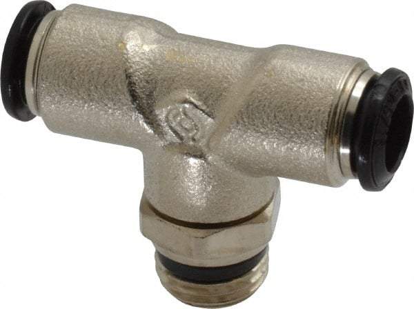 Alpha Technologies - 8mm Outside Diam, 1/4 Universal, Nickel Plated Brass Push-to-Connect Tube Male Swivel Branch Tee - 250 Max psi, Tube to Universal Thread Connection, Buna O-Ring - Industrial Tool & Supply
