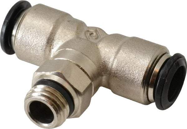 Alpha Technologies - 10mm Outside Diam, 1/4 Universal, Nickel Plated Brass Push-to-Connect Tube Male Swivel Branch Tee - 250 Max psi, Tube to Universal Thread Connection, Buna O-Ring - Industrial Tool & Supply