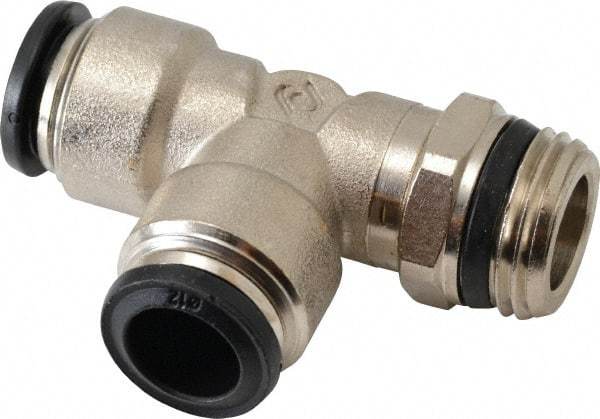Alpha Technologies - 12mm Outside Diam, 1/2 Universal, Nickel Plated Brass Push-to-Connect Tube Male Swivel Run Tee - 250 Max psi, Tube to Universal Thread Connection, Buna O-Ring - Industrial Tool & Supply