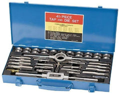 Interstate - 1/8-27 to 3/4-16 Tap, 1/4-20 to 3/4-16 Die, NPT, UNC, UNF, Tap and Die Set - Bright Finish Carbon Steel, Carbon Steel Taps, Plug Taps, Adjustable 1-1/2" Hex Size, 41 Piece Set with Metal Case - Exact Industrial Supply