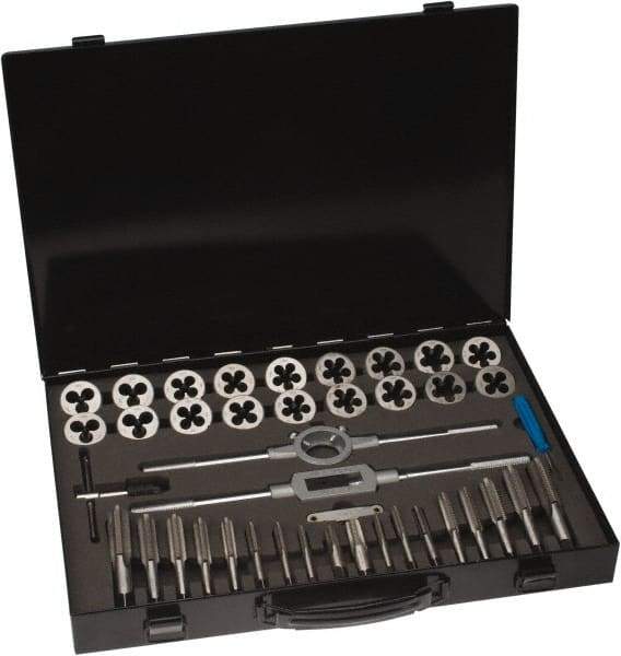 Interstate - 1/8-27 to 3/4-16 Tap, NPT, UNC, UNF, Tap and Die Set - Bright Finish High Speed Steel, High Speed Steel Taps, Plug Taps, Nonadjustable, 41 Piece Set with Plastic Case - Exact Industrial Supply