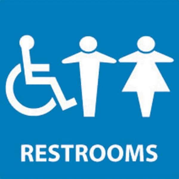 NMC - Restrooms, 7" Wide x 7" High, Vinyl Sign - English, White on Blue, Wall Mount - Industrial Tool & Supply