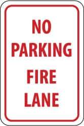 NMC - "No Parking - Fire Lane", 12" Wide x 18" High, Aluminum Fire Lane Signs - 0.063" Thick, Red on White, Rectangle, Post Mount - Industrial Tool & Supply