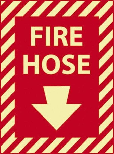 NMC - Fire Hose, Pressure Sensitive Vinyl Fire Sign - 9" Wide x 12" High, Glow-in-the-Dark - Industrial Tool & Supply