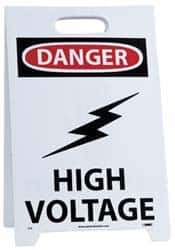 NMC - Danger - High Voltage, Warning - Restricted Area, 12" Wide x 19" High, Plastic Floor Sign - A-Frame, Red & Black on White, For Accident Prevention - Industrial Tool & Supply
