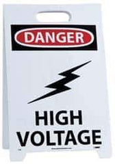 NMC - Danger - High Voltage, Warning - Restricted Area, 12" Wide x 19" High, Plastic Floor Sign - A-Frame, Red & Black on White, For Accident Prevention - Industrial Tool & Supply