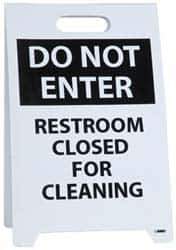 NMC - Do Not Enter - Restroom Closed for Cleaning, Do Not Enter - Work in Progress, 12" Wide x 19" High, Plastic Floor Sign - A-Frame, Black on White, For Restroom, Janitorial & Housekeeping - Industrial Tool & Supply