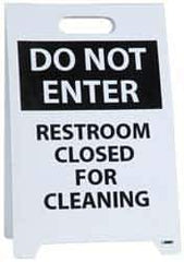 NMC - Do Not Enter - Restroom Closed for Cleaning, Do Not Enter - Work in Progress, 12" Wide x 19" High, Plastic Floor Sign - A-Frame, Black on White, For Restroom, Janitorial & Housekeeping - Industrial Tool & Supply