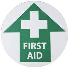 NMC - First Aid, Anti-Skid Pressure-Sensitive Vinyl Floor Sign - Round, Green on White, Adhesive Backed, For First Aid - Industrial Tool & Supply