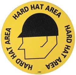 NMC - Hard Hat Area, Anti-Skid Pressure-Sensitive Vinyl Floor Sign - Round, Black on Yellow, Adhesive Backed, For Accident Prevention - Industrial Tool & Supply