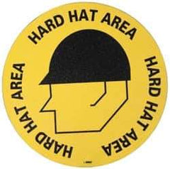 NMC - Hard Hat Area, Anti-Skid Pressure-Sensitive Vinyl Floor Sign - Round, Black on Yellow, Adhesive Backed, For Accident Prevention - Industrial Tool & Supply