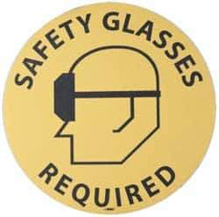 NMC - Safety Glasses Required, Anti-Skid Pressure-Sensitive Vinyl Floor Sign - Round, Black on Yellow, Adhesive Backed, For Accident Prevention - Industrial Tool & Supply