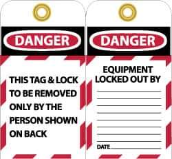NMC - 3" High x 6" Long, DANGER - THIS TAG & LOCK TO BE REMOVED ONLY BY THE PERSON SHOWN ON BACK, English Safety & Facility Lockout Tag - Tag Header: Danger, 2 Sides, Black, Red & White Unrippable Vinyl - Industrial Tool & Supply