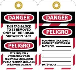 NMC - 3" High x 6" Long, DANGER - THIS TAG & LOCK TO BE REMOVED ONLY BY THE PERSON SHOWN ON BACK, English & Spanish Safety & Facility Lockout Tag - Tag Header: Danger, 2 Sides, Black, Red & White Unrippable Vinyl - Industrial Tool & Supply