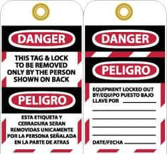 NMC - 3" High x 6" Long, DANGER - THIS TAG & LOCK TO BE REMOVED ONLY BY THE PERSON SHOWN ON BACK, English & Spanish Safety & Facility Lockout Tag - Tag Header: Danger, 2 Sides, Black, Red & White Unrippable Vinyl - Industrial Tool & Supply