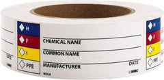 NMC - Hazardous Materials Label - Legend: H - F - I - PPE - Chemical Name ___ Common Name ___ Manufacturer ___ Date ___, English, Black, Blue, Red, Yellow & White, 4" Long x 1-1/2" High, Sign Muscle Finish - Industrial Tool & Supply