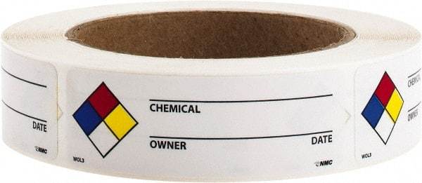 NMC - Hazardous Materials Label - Legend: Chemical ___ - Owner ___ - Date ___, English, Black, Blue, Red, Yellow & White, 3" Long x 1" High, Sign Muscle Finish - Industrial Tool & Supply