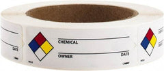 NMC - Hazardous Materials Label - Legend: Chemical ___ - Owner ___ - Date ___, English, Black, Blue, Red, Yellow & White, 3" Long x 1" High, Sign Muscle Finish - Industrial Tool & Supply