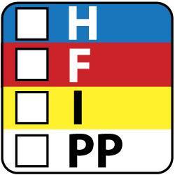 NMC - Hazardous Materials Label - Legend: H - F - I - PP, English, Black, Blue, Red, Yellow & White, 1" Long x 1" High, Sign Muscle Finish - Industrial Tool & Supply