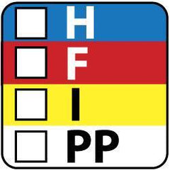 NMC - Hazardous Materials Label - Legend: H - F - I - PP, English, Black, Blue, Red, Yellow & White, 1" Long x 1" High, Sign Muscle Finish - Industrial Tool & Supply