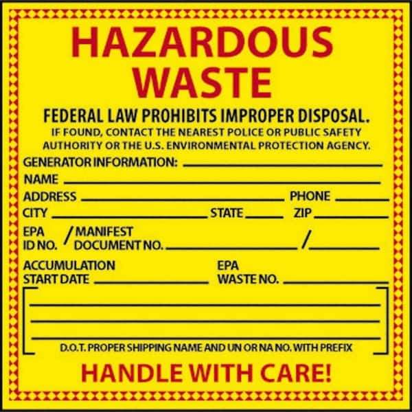 NMC - Hazardous Materials Label - Legend: Hazardous Waste - Federal Law Prohibits Improper Disposal, English, Red & Black & Yellow, 6" Long x 6" High, Sign Muscle Finish - Industrial Tool & Supply