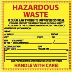 NMC - Hazardous Materials Label - Legend: Hazardous Waste - Federal Law Prohibits Improper Disposal, English, Red & Black & Yellow, 6" Long x 6" High, Sign Muscle Finish - Industrial Tool & Supply