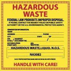 NMC - Liquid Waste Hazardous Materials Label - Legend: Hazardous Waste - Federal Law Prohibits Improper Disposal, English, Red & Black & Yellow, 6" Long x 6" High, Sign Muscle Finish - Industrial Tool & Supply