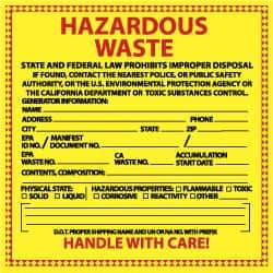 NMC - Hazardous Materials Label - Legend: Hazardous Waste - State and Federal Law Prohibits Improper Disposal, English, Red & Black & Yellow, 6" Long x 6" High, Sign Muscle Finish - Industrial Tool & Supply