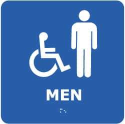 NMC - Men, 8" Wide x 8" High, Plastic Sign - English, Braille, White on Blue, Wall Mount - Industrial Tool & Supply