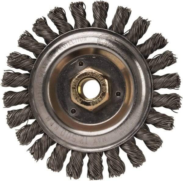 Weiler - 5" OD, 5/8" Arbor Hole, Stringer Bead Steel Wheel Brush - 1/2" Face Width, 7/8" Trim Length, 0.023" Filament Diam, 12,500 RPM - Industrial Tool & Supply