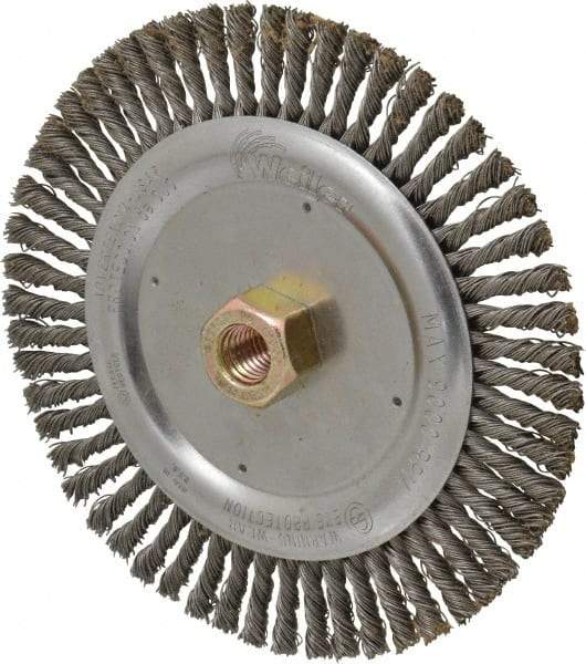 Weiler - 7" OD, 5/8" Arbor Hole, Stringer Bead Steel Wheel Brush - 3/16" Face Width, 1-1/8" Trim Length, 0.02" Filament Diam, 9,000 RPM - Industrial Tool & Supply