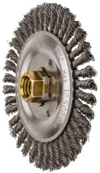 Weiler - 5" OD, 5/8" Arbor Hole, Stringer Bead Steel Wheel Brush - 3/16" Face Width, 7/8" Trim Length, 0.02" Filament Diam, 12,500 RPM - Industrial Tool & Supply