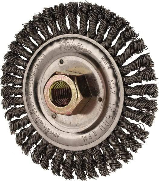 Weiler - 4-1/2" OD, 5/8" Arbor Hole, Stringer Bead Steel Wheel Brush - 3/16" Face Width, 13/16" Trim Length, 0.02" Filament Diam, 15,000 RPM - Industrial Tool & Supply