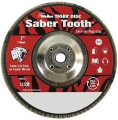 Weiler - 80 Grit, 7" Disc Diam, 5/8-11 Center Hole, Type 29 Ceramic Flap Disc - 8,600 Max RPM, Phenolic Backing, Arbor Attaching System, Coated - Industrial Tool & Supply
