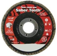 Weiler - 80 Grit, 4-1/2" Disc Diam, 7/8" Center Hole, Type 29 Ceramic Flap Disc - 13,000 Max RPM, Phenolic Backing, Arbor Attaching System, Coated - Industrial Tool & Supply