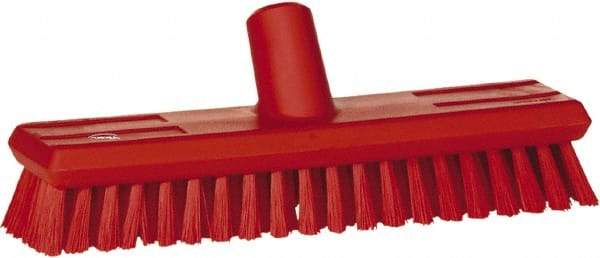 Vikan - 1.3" Bristle Length, Polyester Scrub Brush - 10-3/4" Long x 2-1/2" Wide Head, 11" OAL, European Threaded Handle, Red, Polypropylene Block - Industrial Tool & Supply