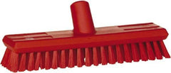 Vikan - 1.3" Bristle Length, Polyester Scrub Brush - 10-3/4" Long x 2-1/2" Wide Head, 11" OAL, European Threaded Handle, Red, Polypropylene Block - Industrial Tool & Supply