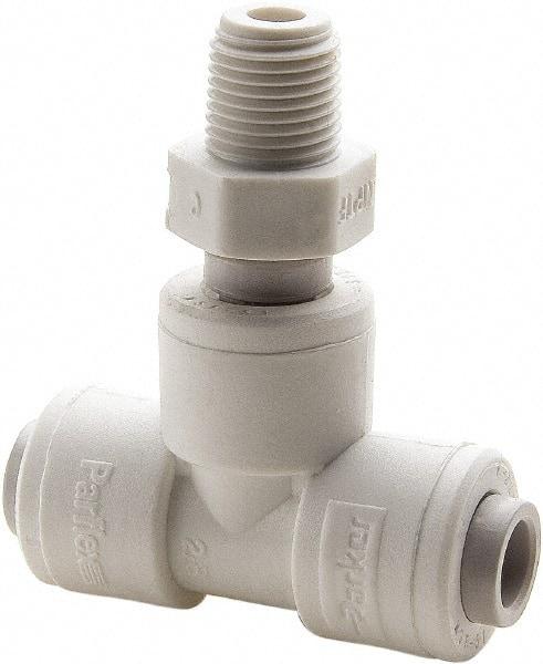 Parker - 1/2" Outside Diam, 1/2 NPTF, Polypropylene Push-to-Connect Tube Male Swivel Branch Tee - 150 Max psi, White - Industrial Tool & Supply