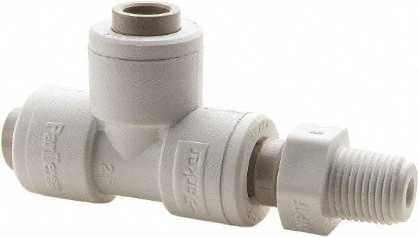Parker - 1/2" Outside Diam, 3/8 NPTF, Polypropylene Push-to-Connect Tube Male Swivel Run Tee - 150 Max psi, White - Industrial Tool & Supply