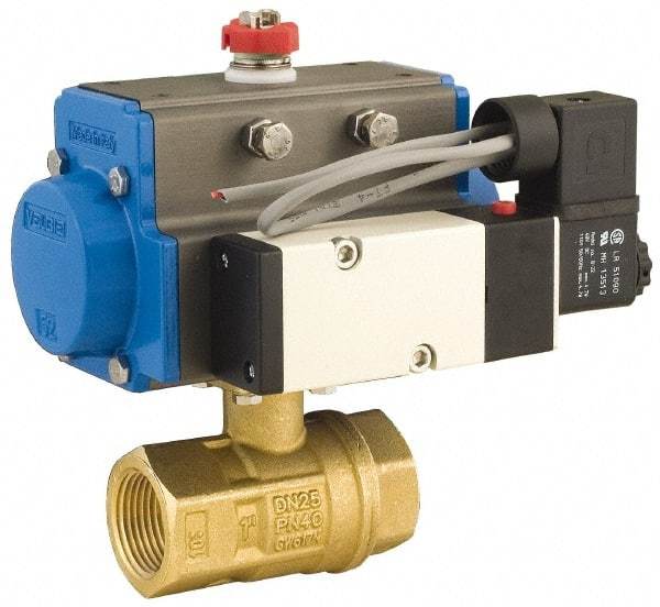 BONOMI - 1-1/4" Pipe, 600 psi WOG Rating Brass Pneumatic Spring Return with Solenoid Actuated Ball Valve - PTFE Seal, Full Port, 150 psi WSP Rating, NPT End Connection - Industrial Tool & Supply