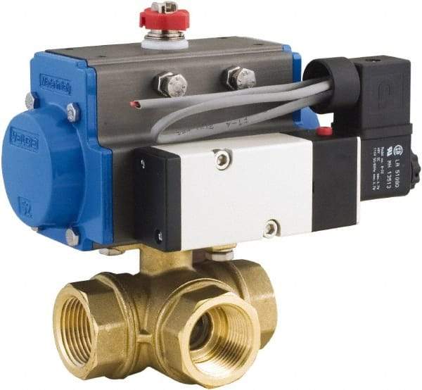 BONOMI - 3" Pipe, 400 psi WOG Rating Brass Pneumatic Spring Return with Solenoid Actuated Ball Valve - PTFE Seal, Standard Port, 100 psi WSP Rating, NPT End Connection - Industrial Tool & Supply